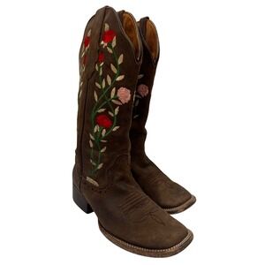 Valeria Boots Brown Square Toe Embroidered Rose Cowboy Western Boots Size 7